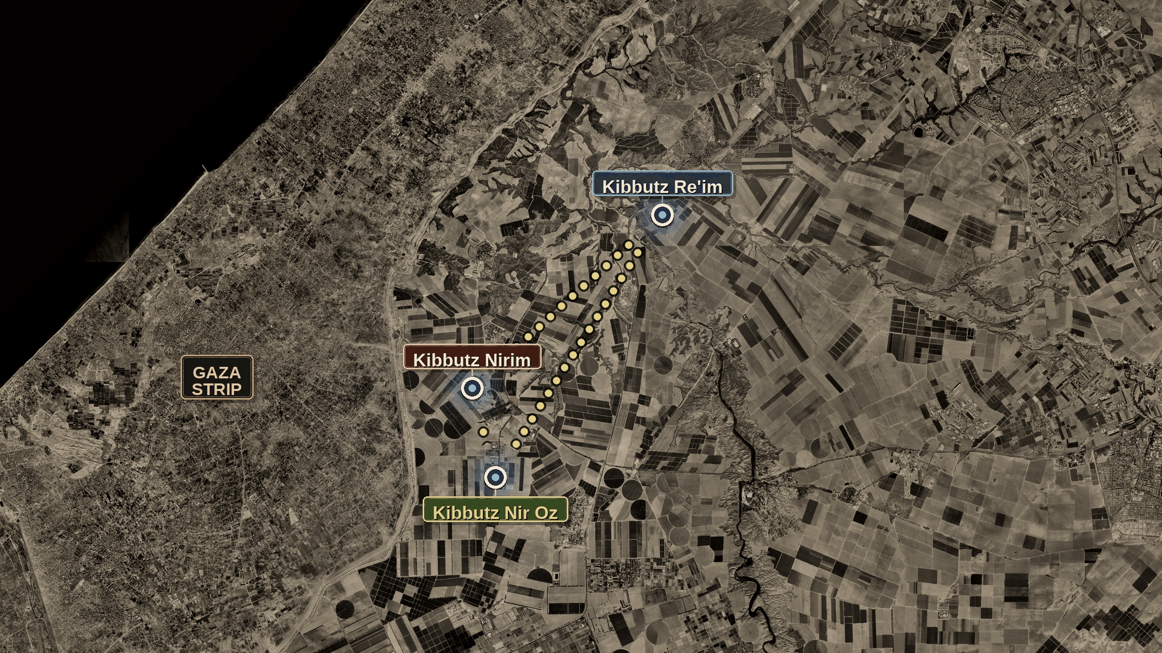 Satellite map showing Kibutz Reim, Kibutz Nirim, and Kibutz Nir Oz