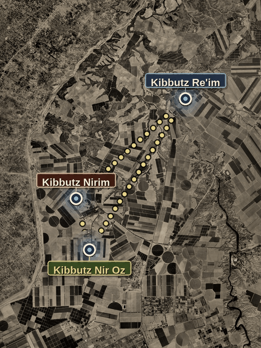 Satellite map showing Kibutz Reim, Kibutz Nirim, and Kibutz Nir Oz